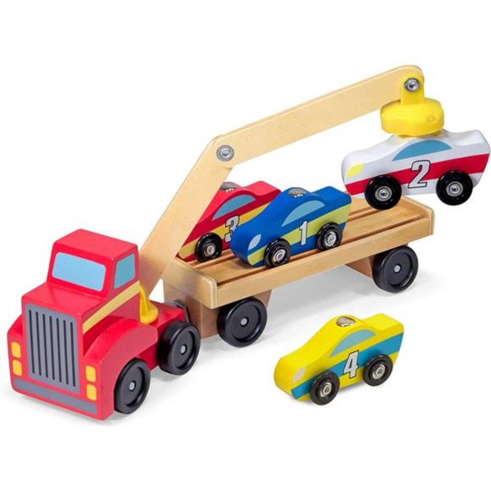 Magnetic Car Loader Wooden Toy Set With 4 Cars and 1 Semi-Trailer Truck - Crane